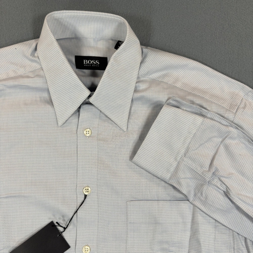 NWT Hugo Boss Mens Blue Micro Check Cotton Dress Shirt 15.5 32/33 Made in Italy